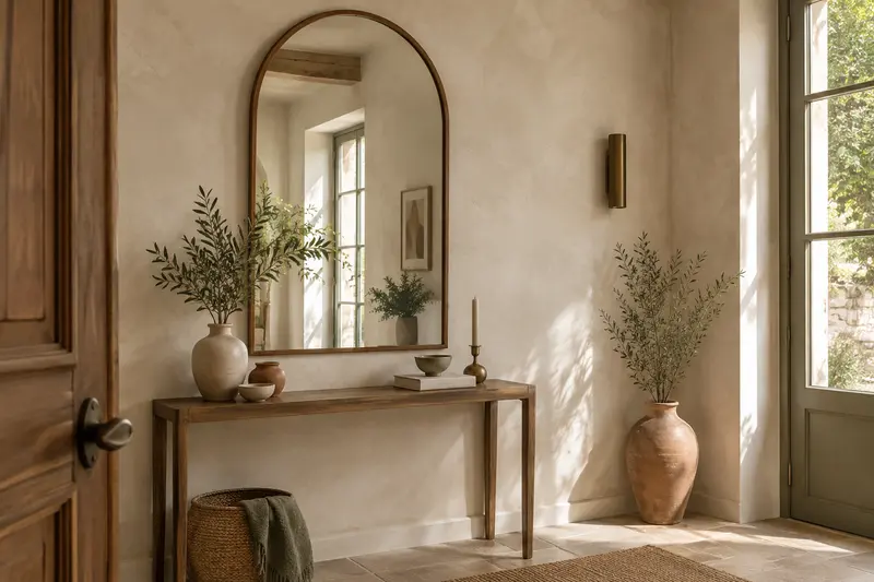 Miroir mural en arche à cadre de bois dans une entrée claire