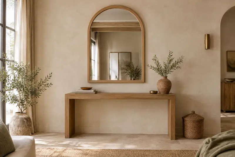 Miroir mural classique en arche avec cadre en bois clair