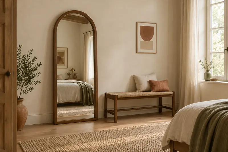 Miroir en arche pleine hauteur dans une chambre aux tons crème