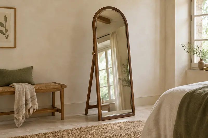 Miroir en arche sur pied avec chevalet dans une chambre claire