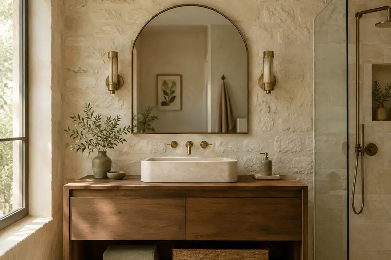 Miroir en arche au-dessus d’un meuble vasque en bois dans une salle de bain