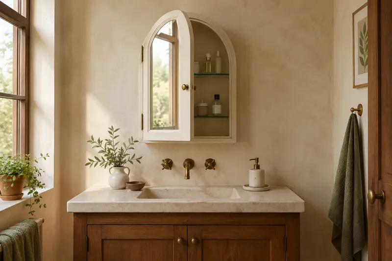 Armoire de toilette crème en arche, porte miroir entrouverte sur deux étagères en verre, au-dessus d’un plan vasque en pierre