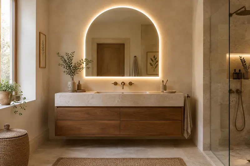Miroir en arche avec LED allumée au-dessus d’un meuble vasque