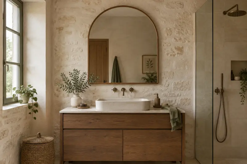 Miroir simple en arche fixé au-dessus d’un meuble vasque