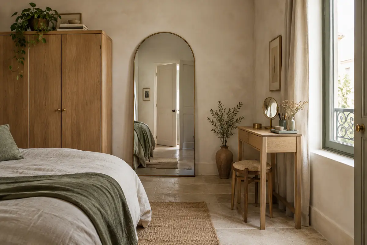 Coiffeuse compacte et miroir en arche pleine hauteur disposés près d’un passage dégagé dans une chambre.