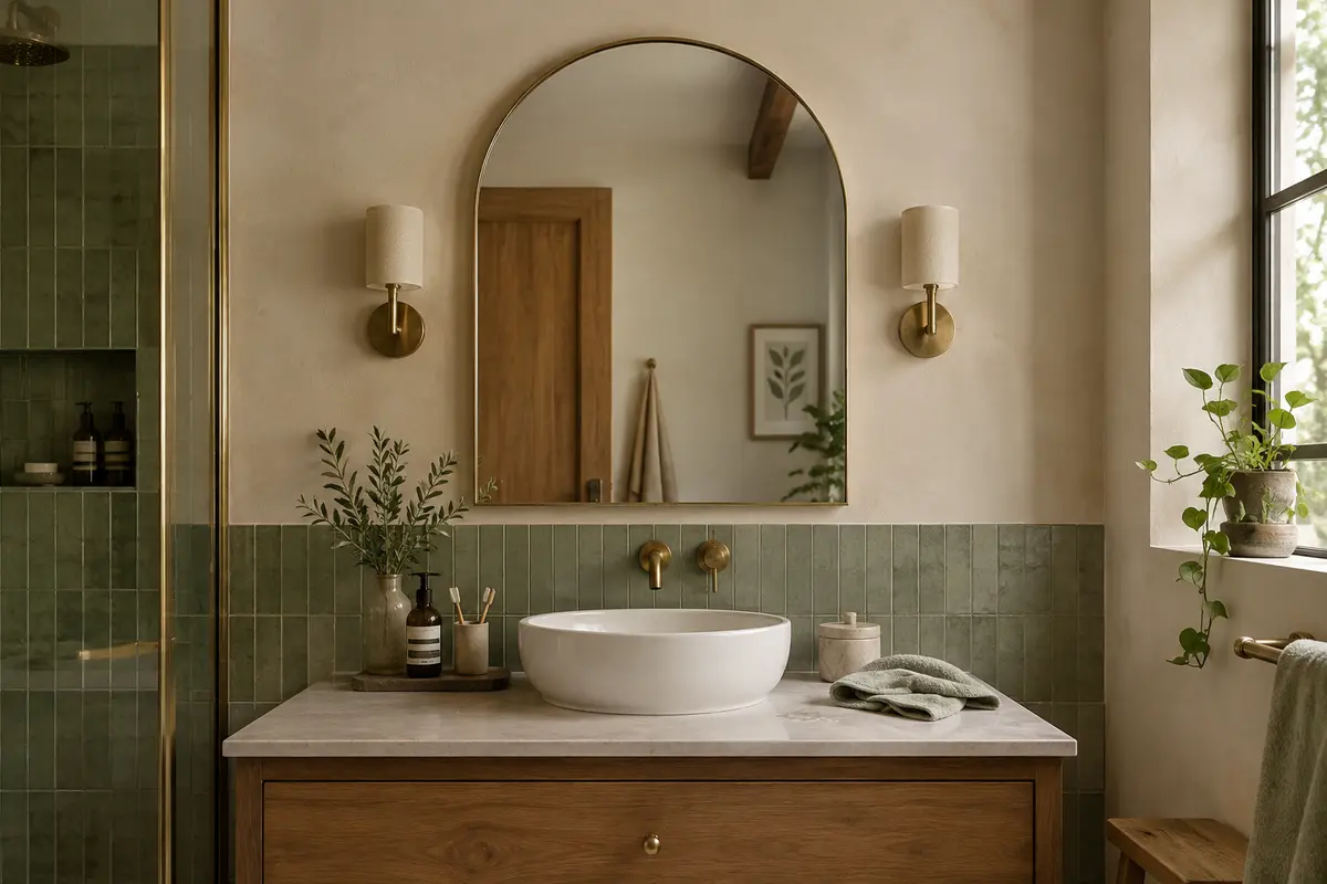 Miroir en arche au-dessus d’un lavabo, avec cadre intact et chiffon doux pour essuyer les gouttes