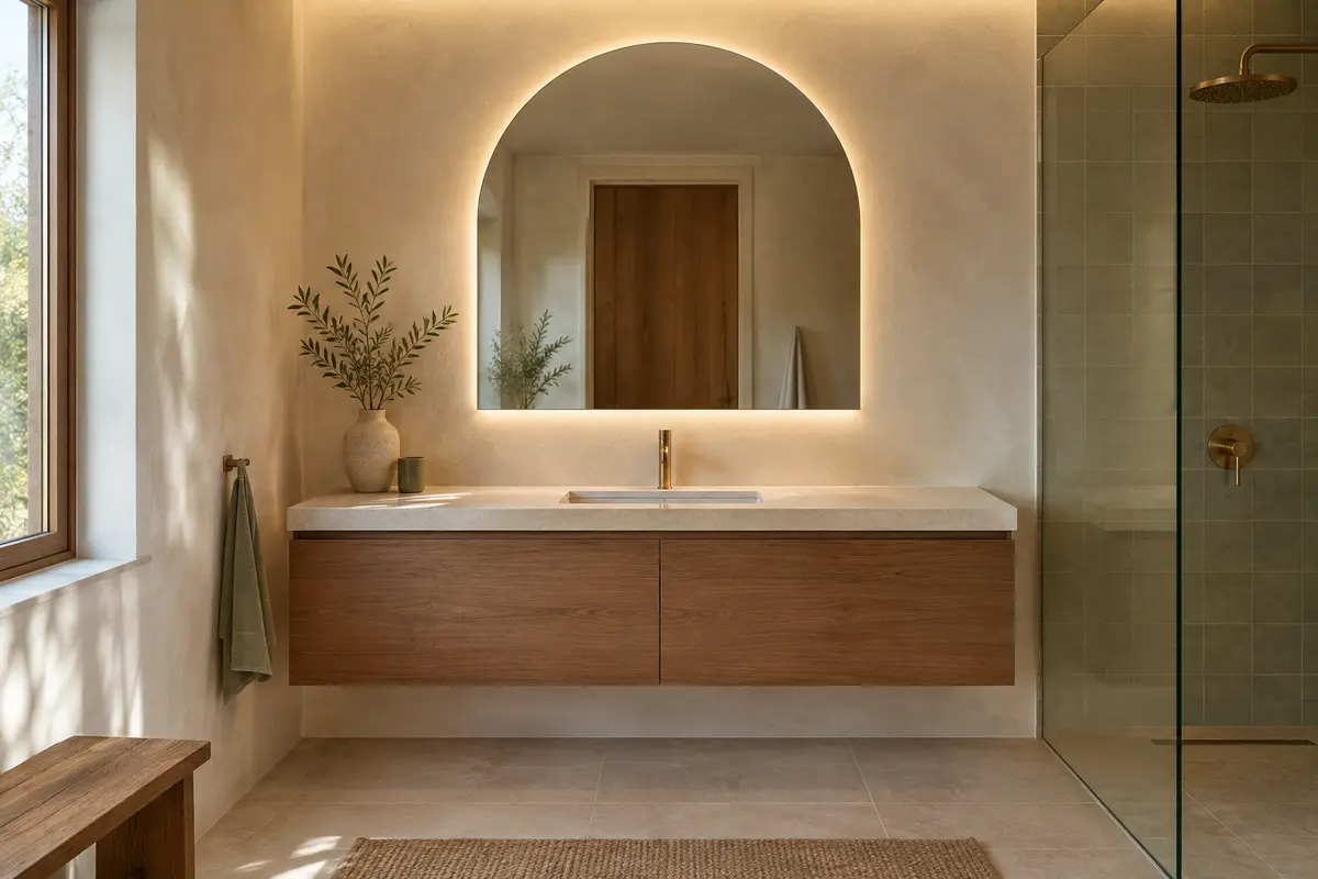 Miroir en arche avec éclairage LED installé au-dessus d’un lavabo dans une salle de bain claire.