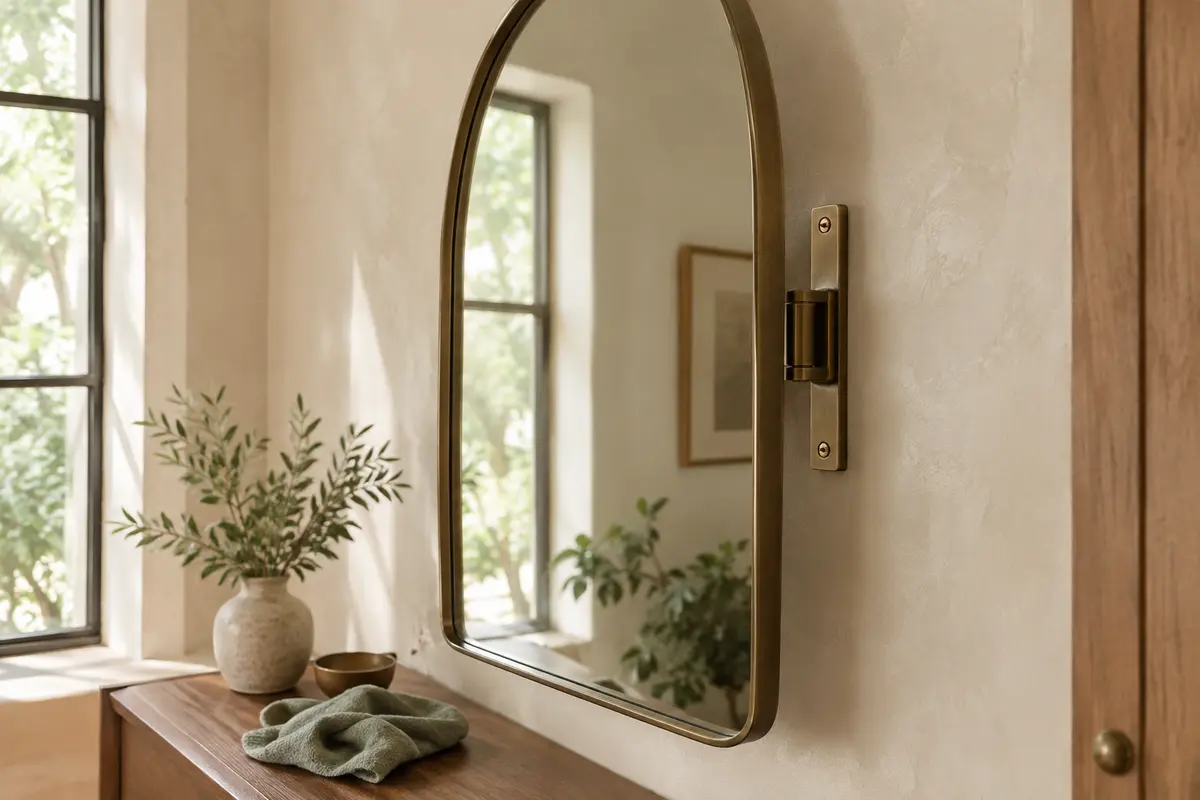 Gros plan sur la charnière propre d’un miroir mural en arche pivotant, avec un chiffon doux à proximité.