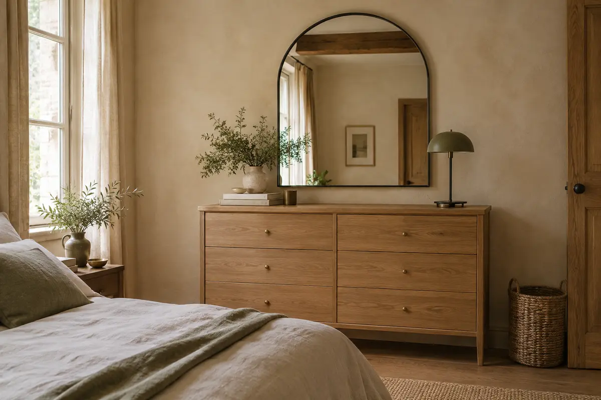 Miroir mural en arche à cadre noir au-dessus d’une commode en bois clair dans une chambre