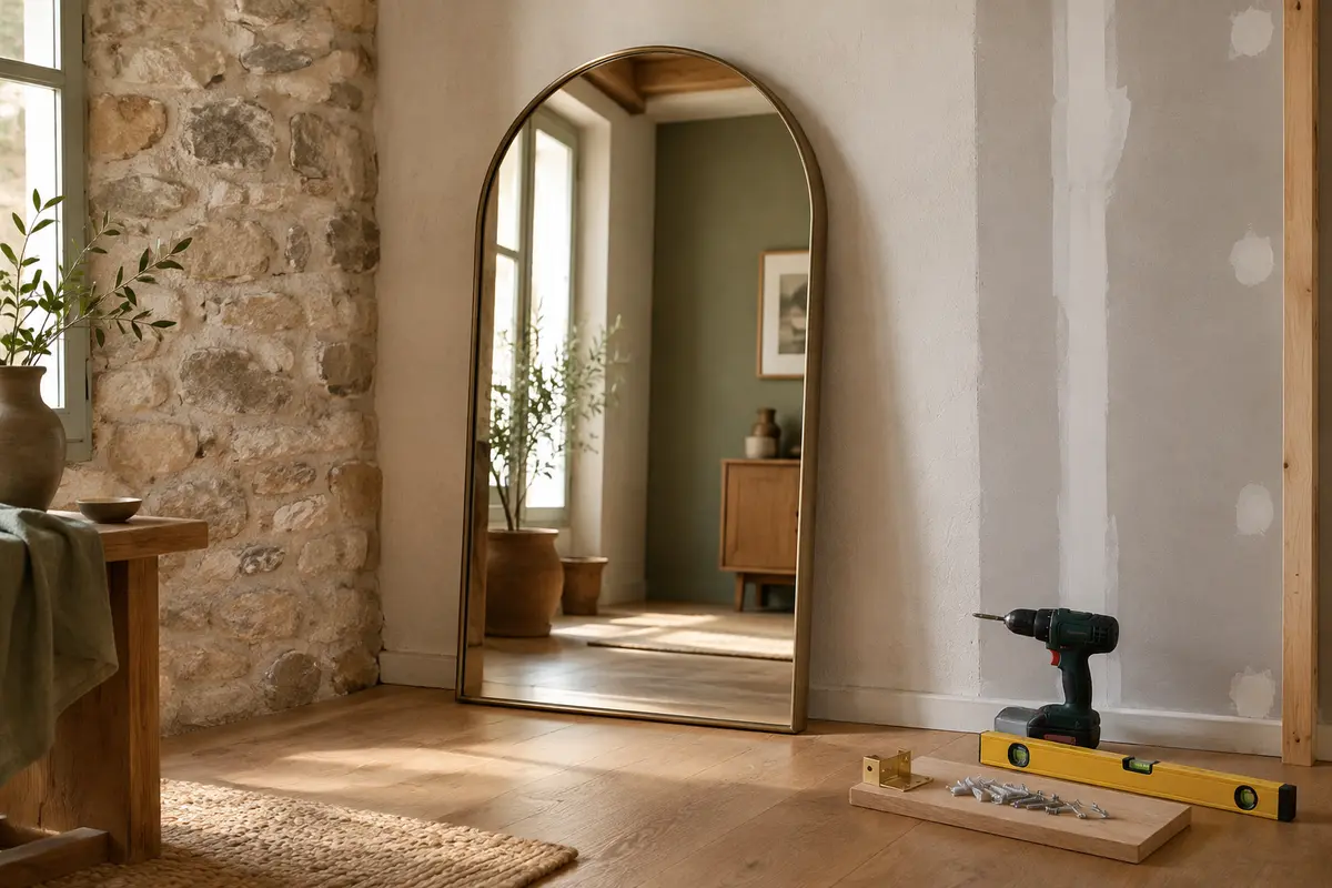 Miroir en arche et outils de pose illustrant le choix des fixations selon le type de mur