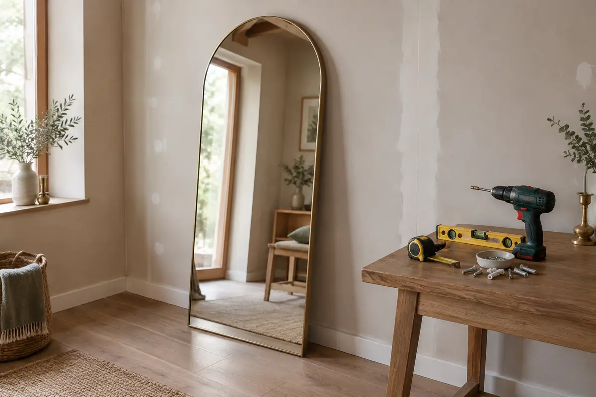 Miroir en arche et outils de mesure préparés devant une cloison en plaques de plâtre