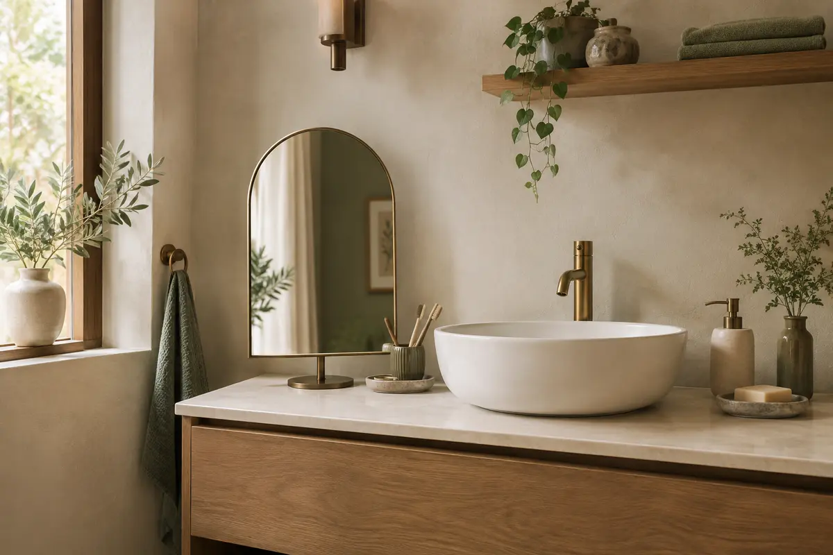 Miroir en arche à poser sur un petit plan de toilette, avec un pied compact et une surface dégagée