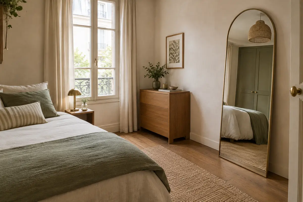 Miroir pleine hauteur en arche posé dans une chambre compacte, près d’un mur dégagé