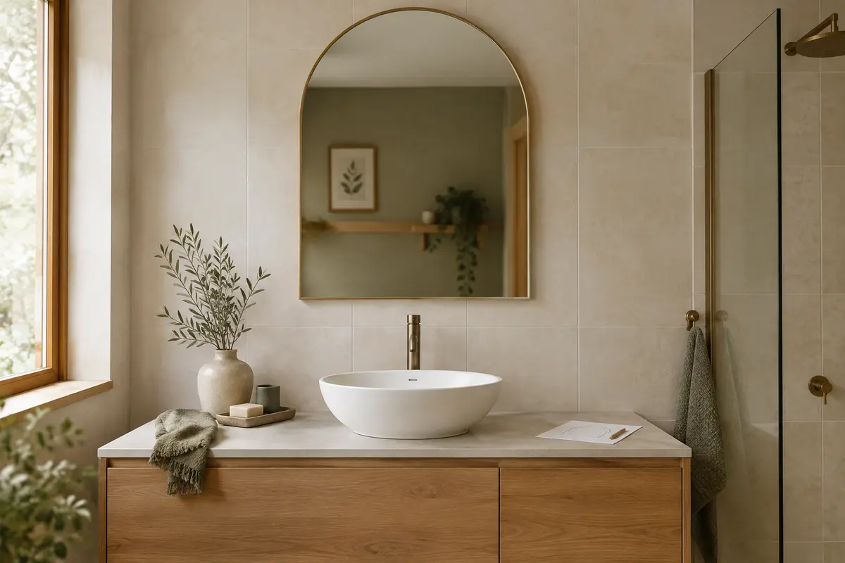 Miroir en arche installé au-dessus d’un lavabo dans une salle de bain claire
