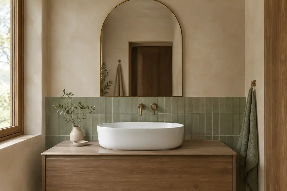 Miroir en arche installé au-dessus d’un lavabo, avec le robinet et la vasque visibles