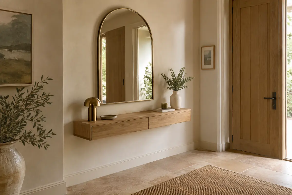 Miroir mural en arche moins large qu’une console étroite dans une entrée peu profonde