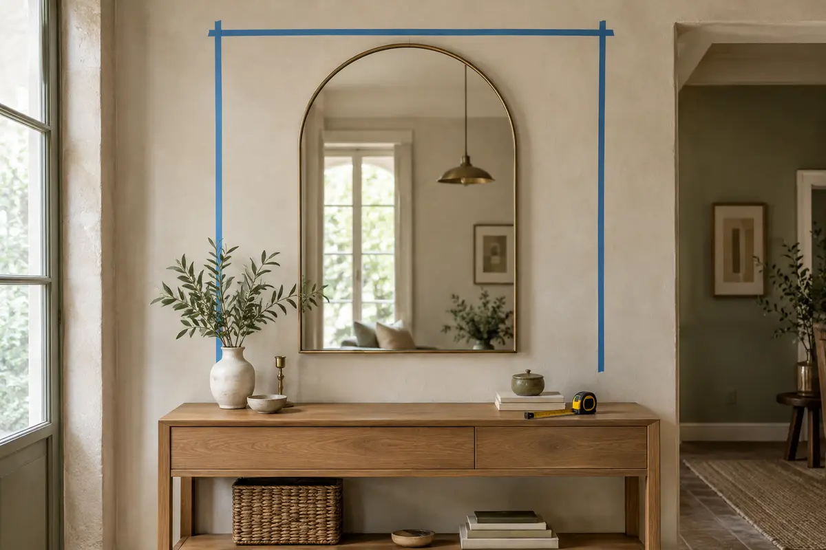 Miroir mural en arche au-dessus d’une console, avec un mètre pour visualiser les proportions