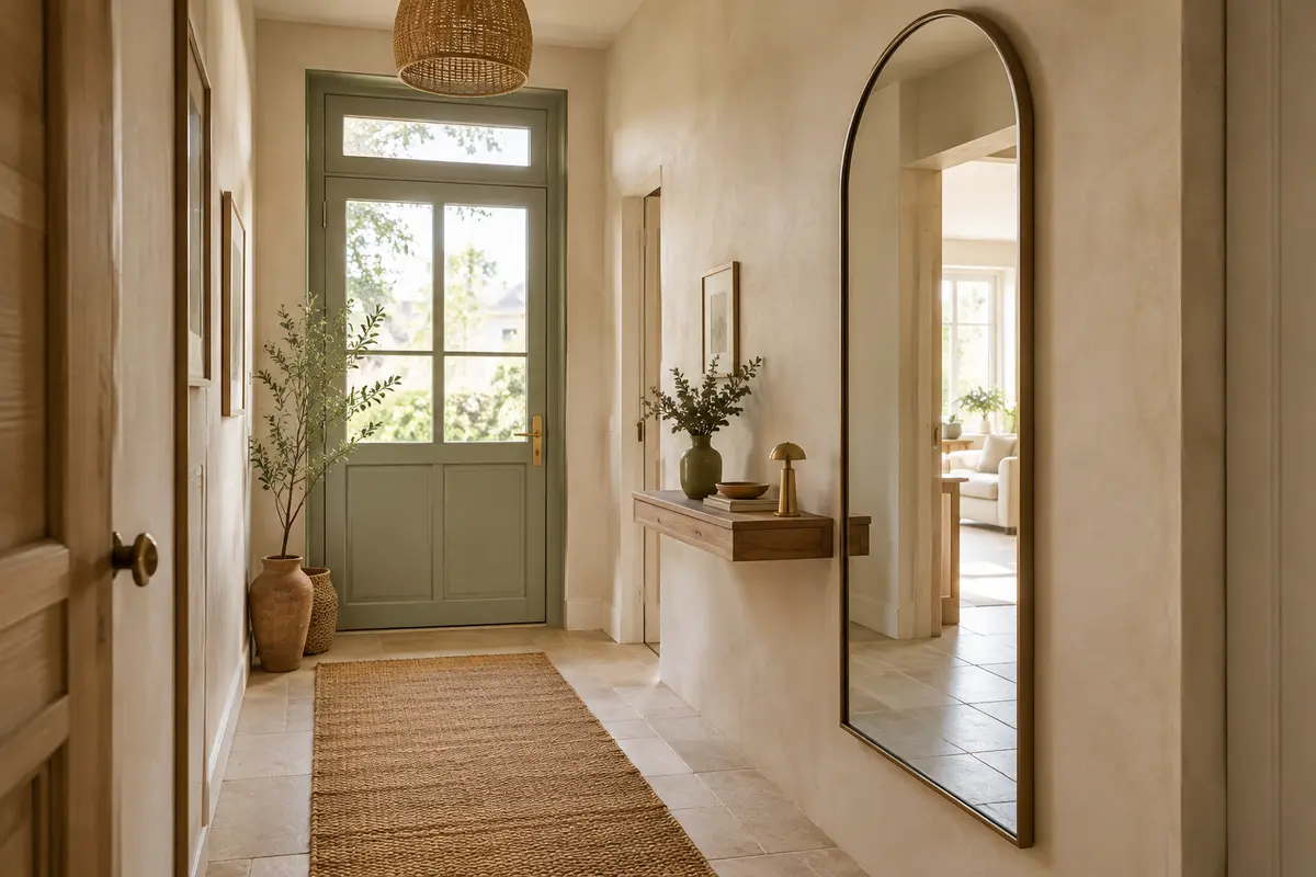 Miroir mural en arche installé sur un mur latéral dégagé dans une entrée étroite