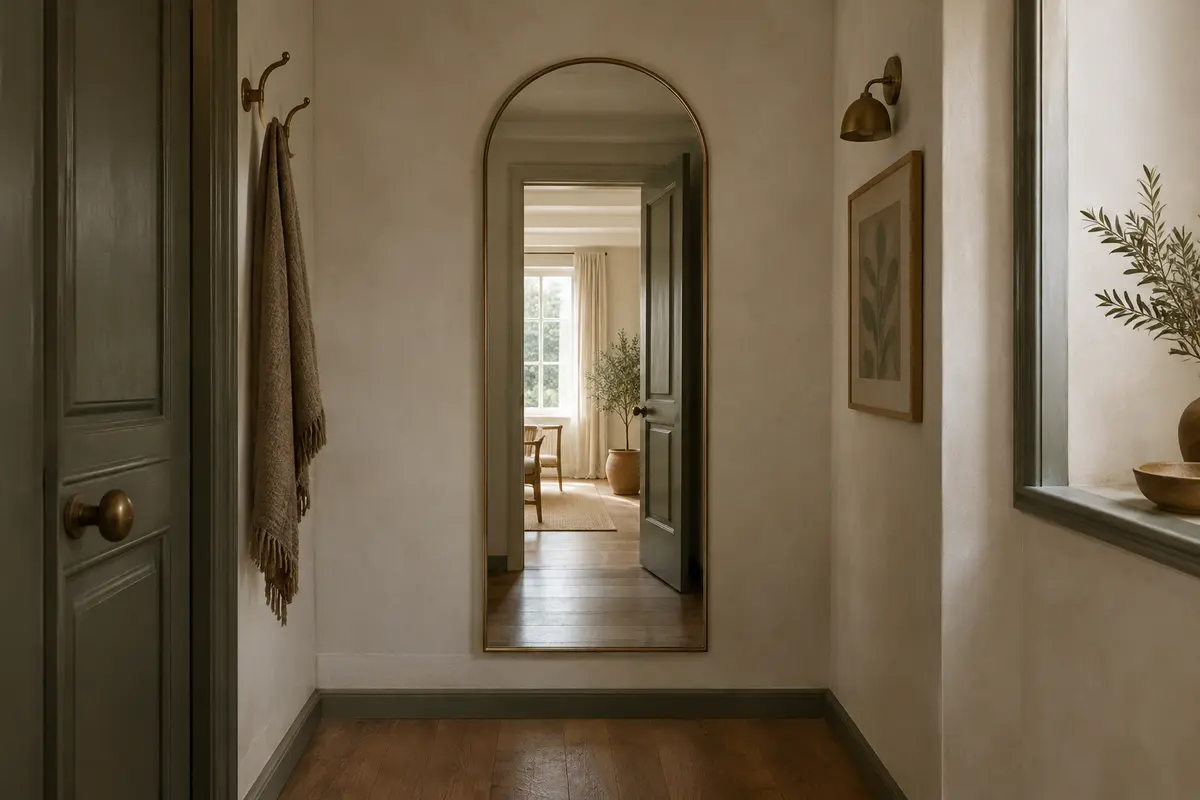 Miroir mural en arche reflétant une pièce claire dans une entrée étroite et sombre.