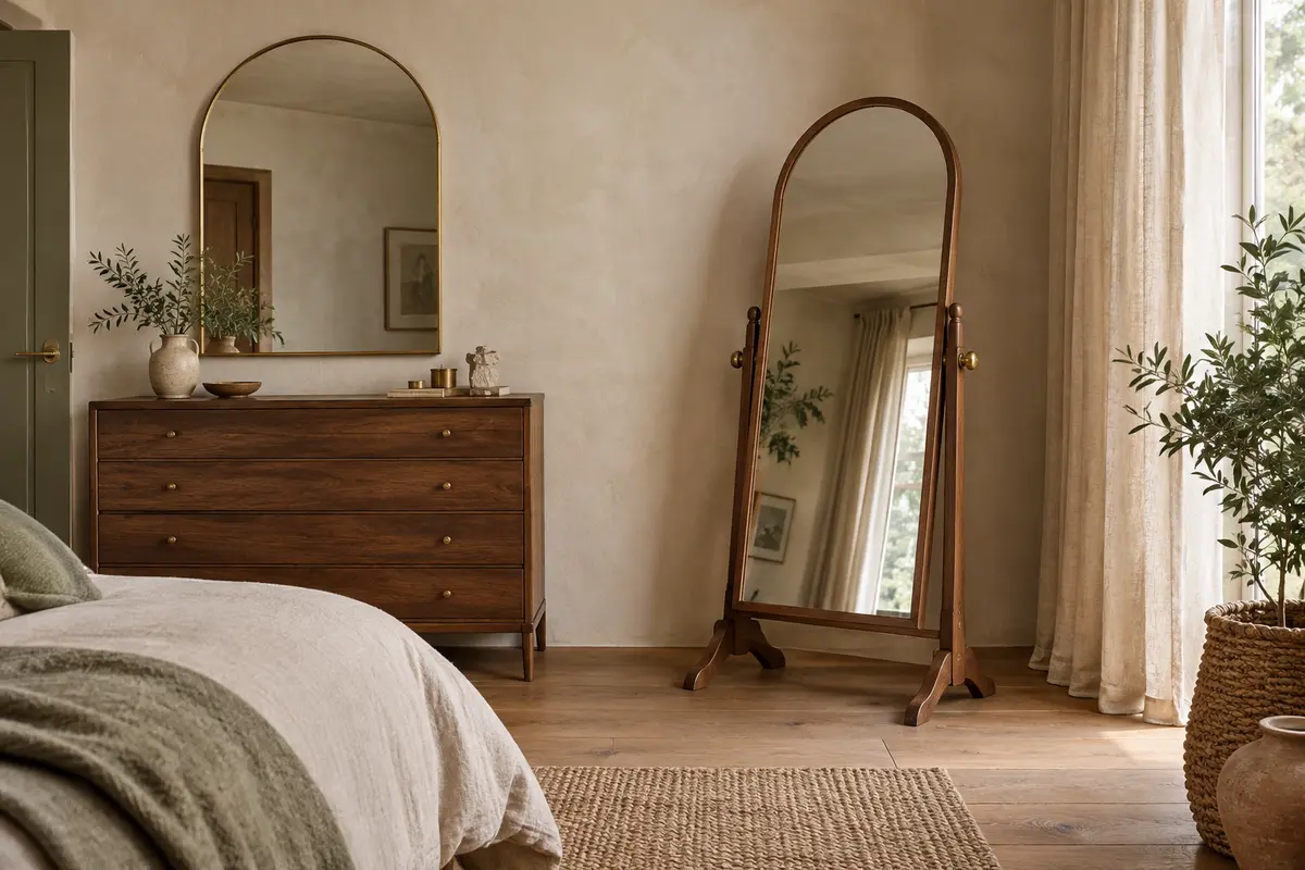 Chambre avec un miroir mural en arche fixé au-dessus d’une commode et un miroir psyché en arche pivotant sur son cadre en bois