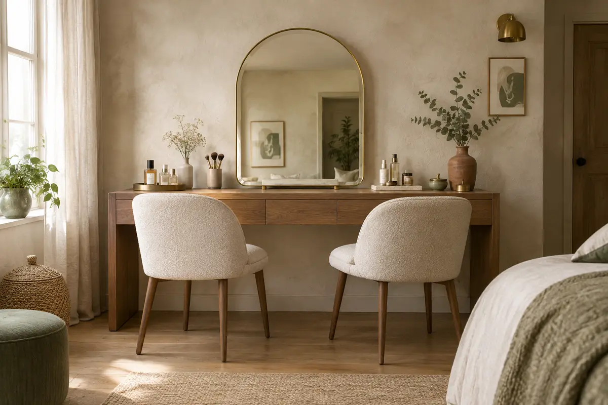 Miroir de table en arche posé sur une coiffeuse aménagée pour deux personnes