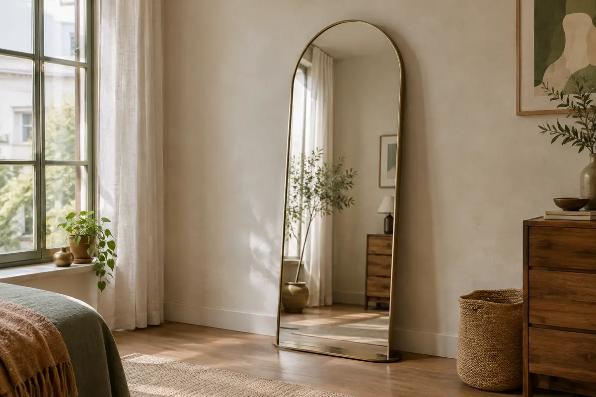 Miroir en arche pleine hauteur posé sur son pied contre un mur, sur un sol dégagé