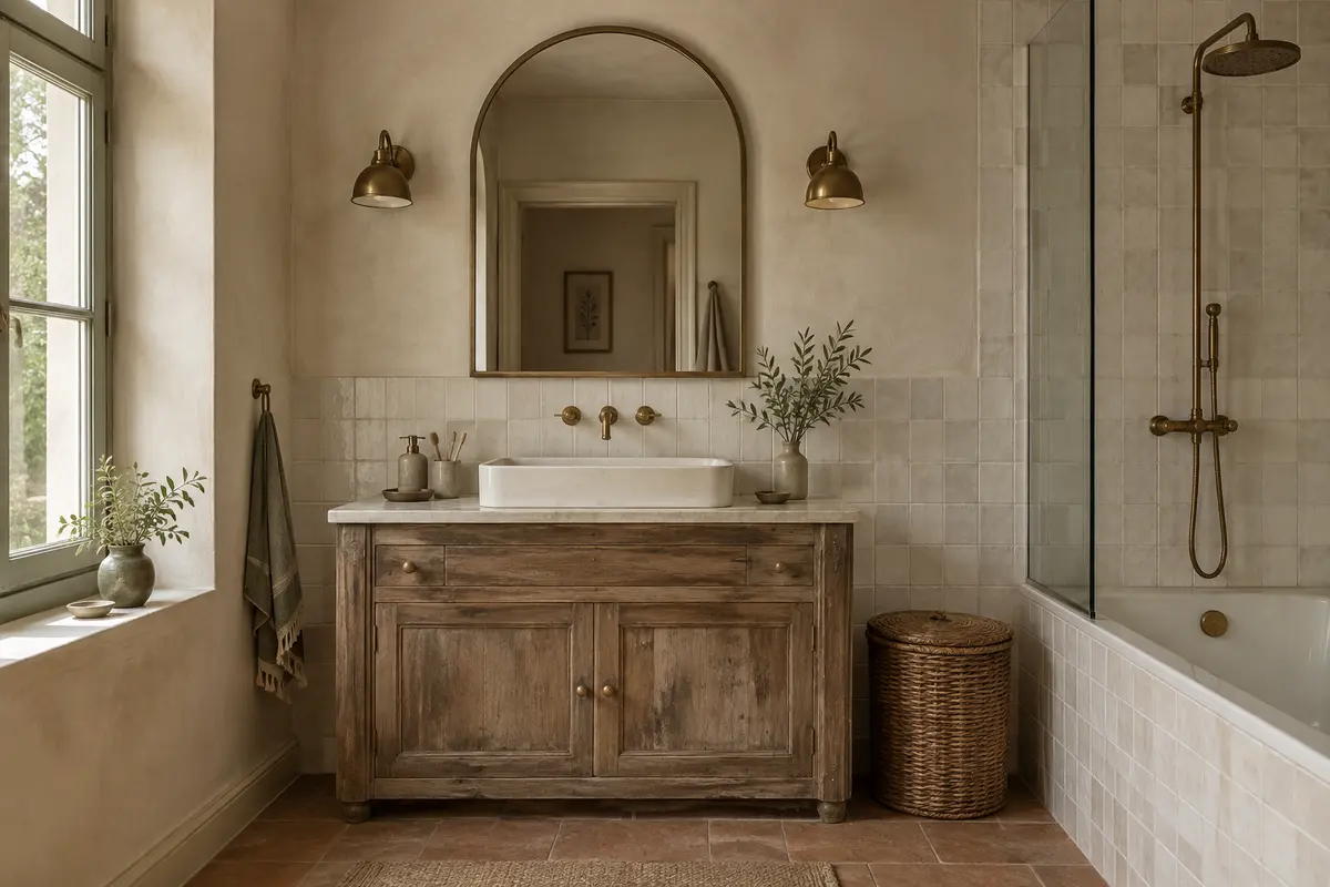Miroir en arche au-dessus d’un lavabo dans une salle de bain ancienne aux matières sobres et coordonnées