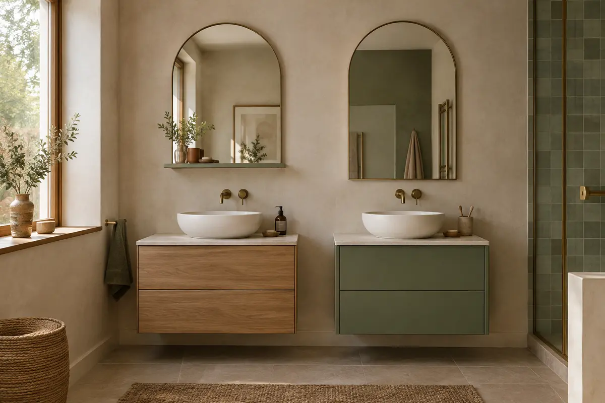 Deux miroirs en arche, avec et sans tablette, comparés au-dessus d’un lavabo compact.