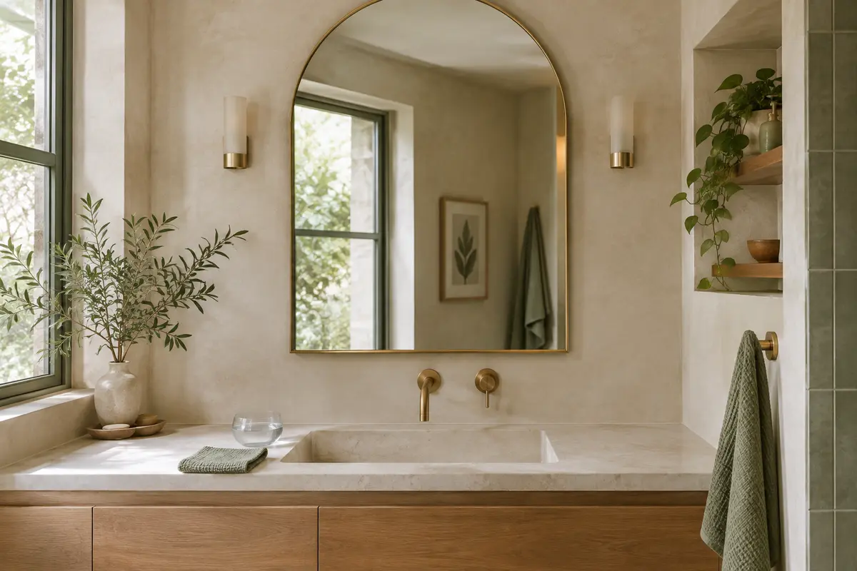 Miroir en arche au-dessus d’un lavabo, avec une microfibre prête pour un nettoyage doux