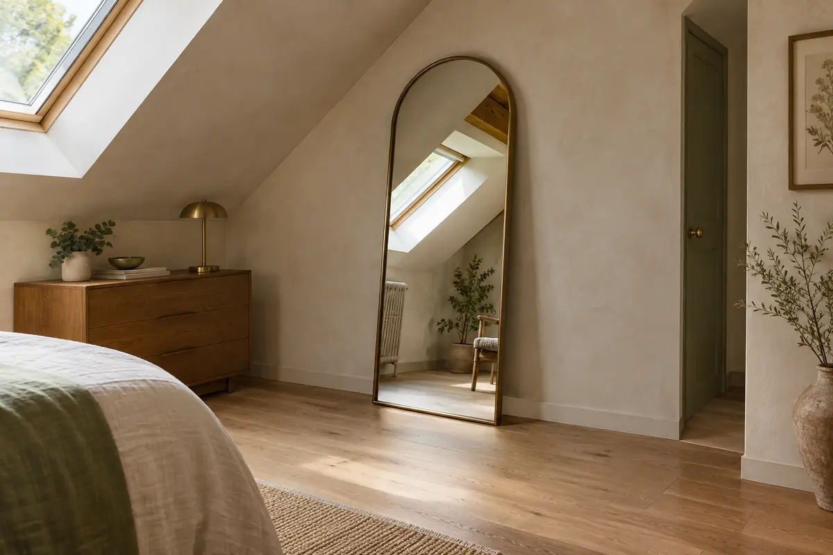 Miroir en arche posé sous un rampant, avec un espace visible au-dessus du sommet et autour du pied.