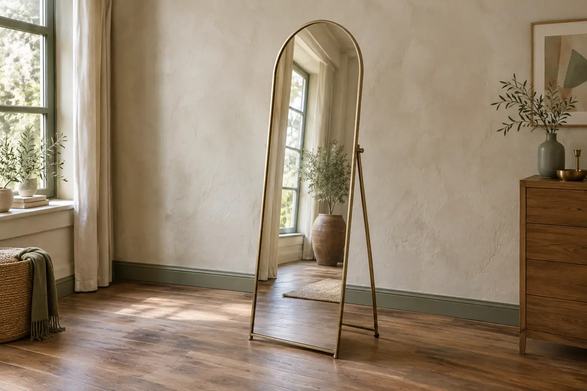 Miroir en arche sur pied installé près d’un mur, avec son support visible sur un sol en parquet