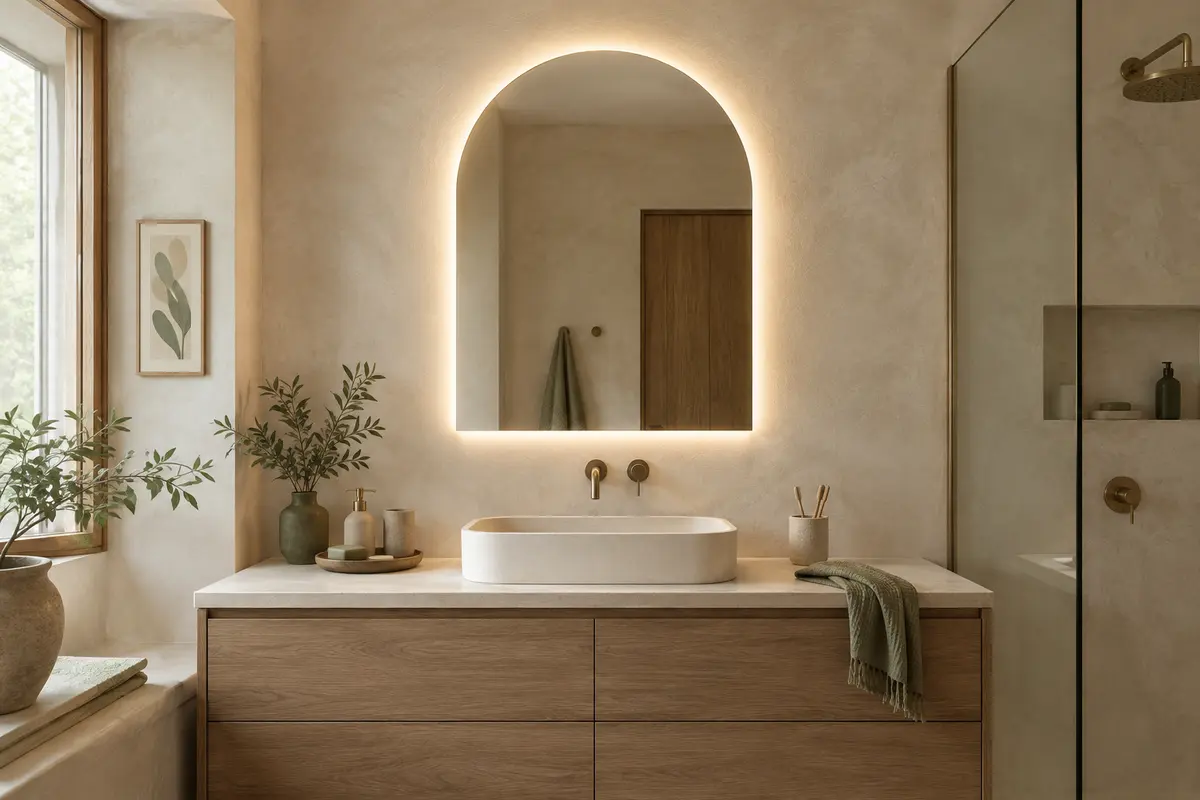 Miroir en arche éclairé par des LED à lumière neutre au-dessus d’un lavabo clair