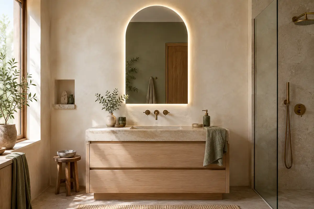 Miroir de salle de bain en arche avec éclairage LED, posé sur un mur crème au-dessus d’un meuble vasque en bois.