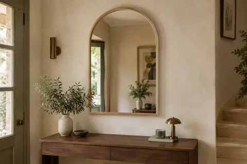 Miroir mural en arche beige Atmosphera Kim sur un mur crème, au-dessus d’une console en bois