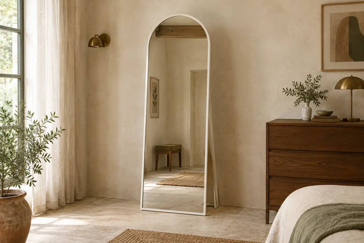 Miroir pleine hauteur en arche à cadre blanc, posé sur son support dans une chambre lumineuse