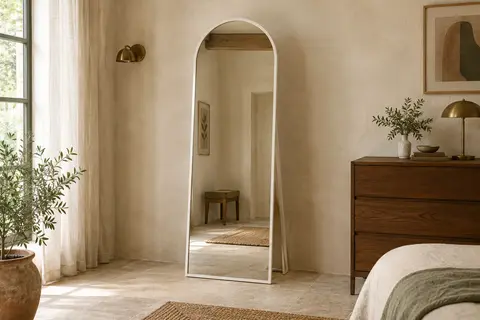 Miroir pleine hauteur en arche à cadre blanc, posé sur son support dans une chambre lumineuse