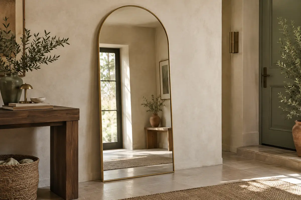 Miroir mural en arche au cadre doré, appuyé contre un mur crème dans une entrée.