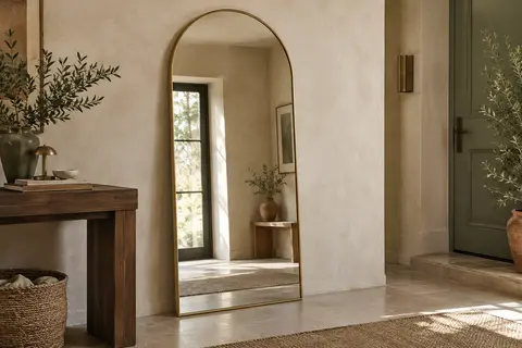 Miroir mural en arche au cadre doré, appuyé contre un mur crème dans une entrée.