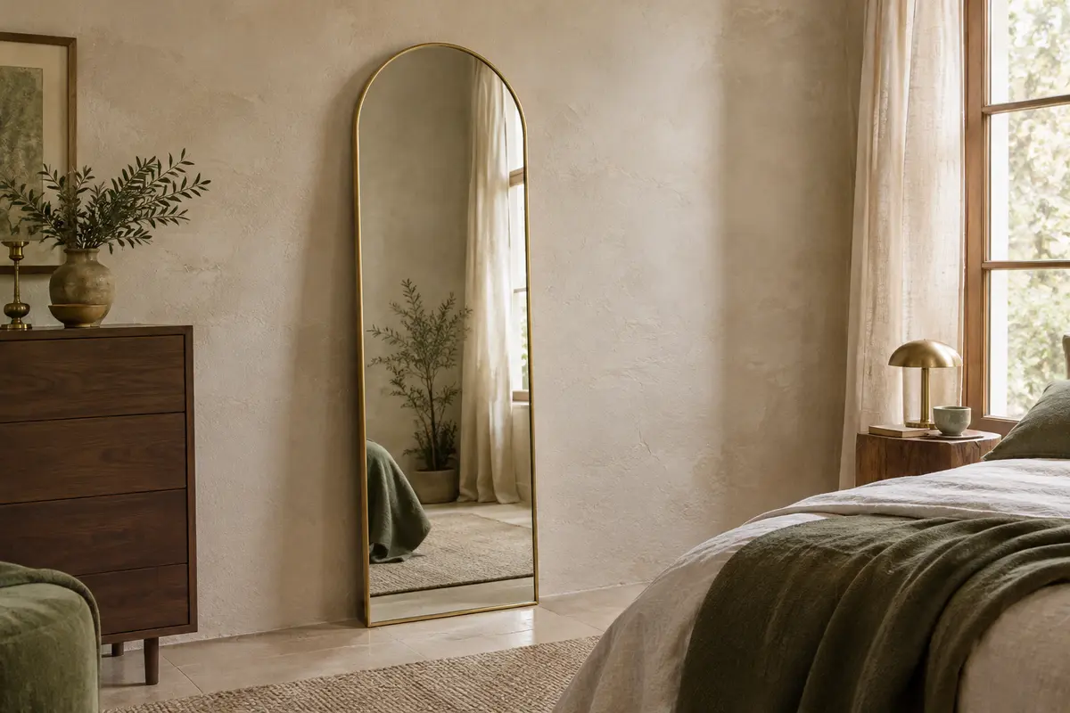 Miroir en arche pleine hauteur au cadre doré posé contre un mur à la chaux dans une chambre claire.