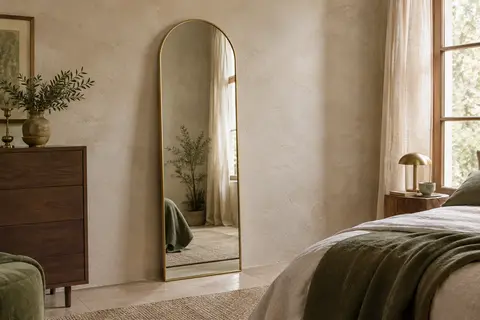 Miroir en arche pleine hauteur au cadre doré posé contre un mur à la chaux dans une chambre claire.