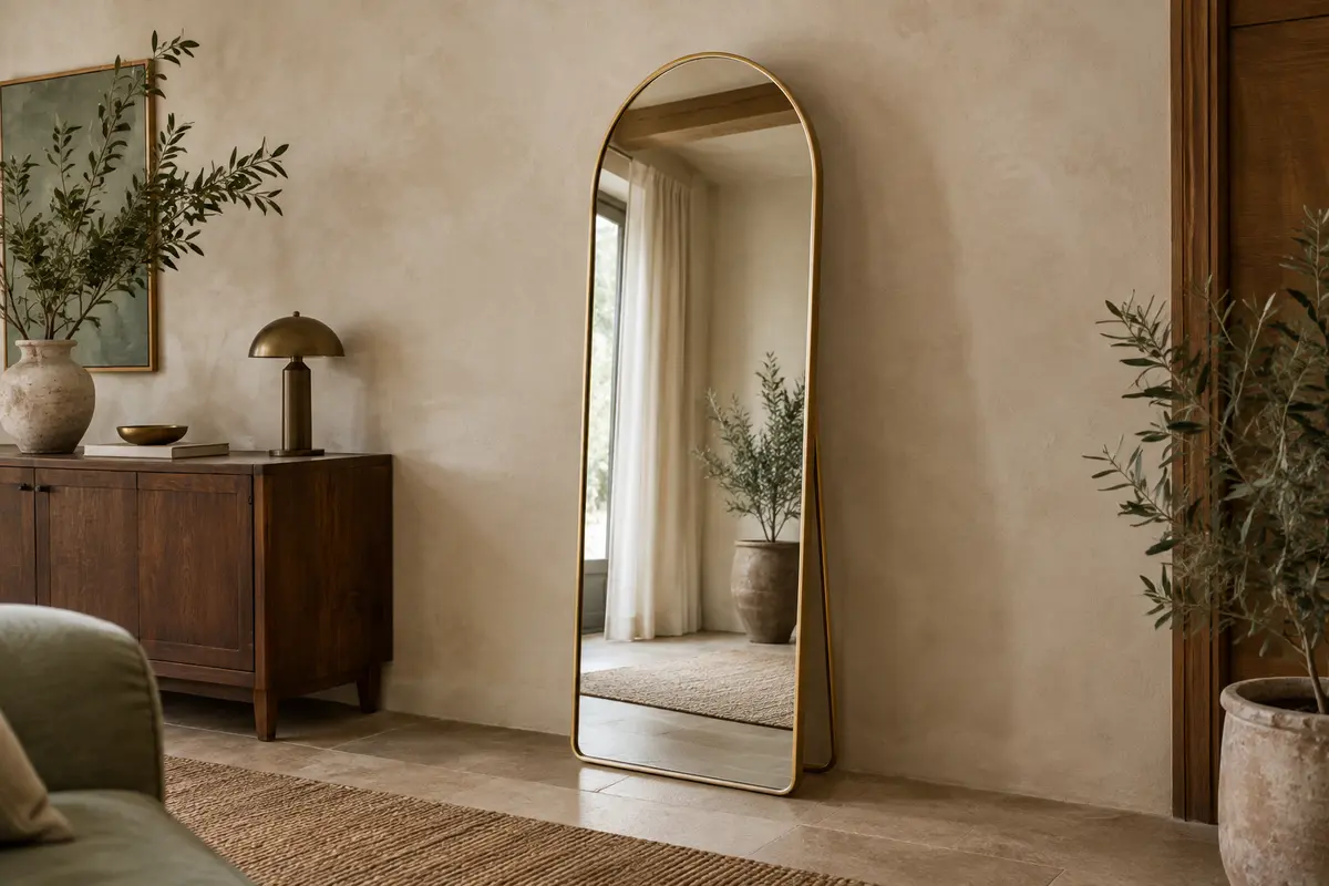 Miroir pleine hauteur en arche dorée sur son support, dans un intérieur lumineux aux tons naturels.