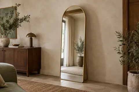 Miroir pleine hauteur en arche dorée sur son support, dans un intérieur lumineux aux tons naturels.