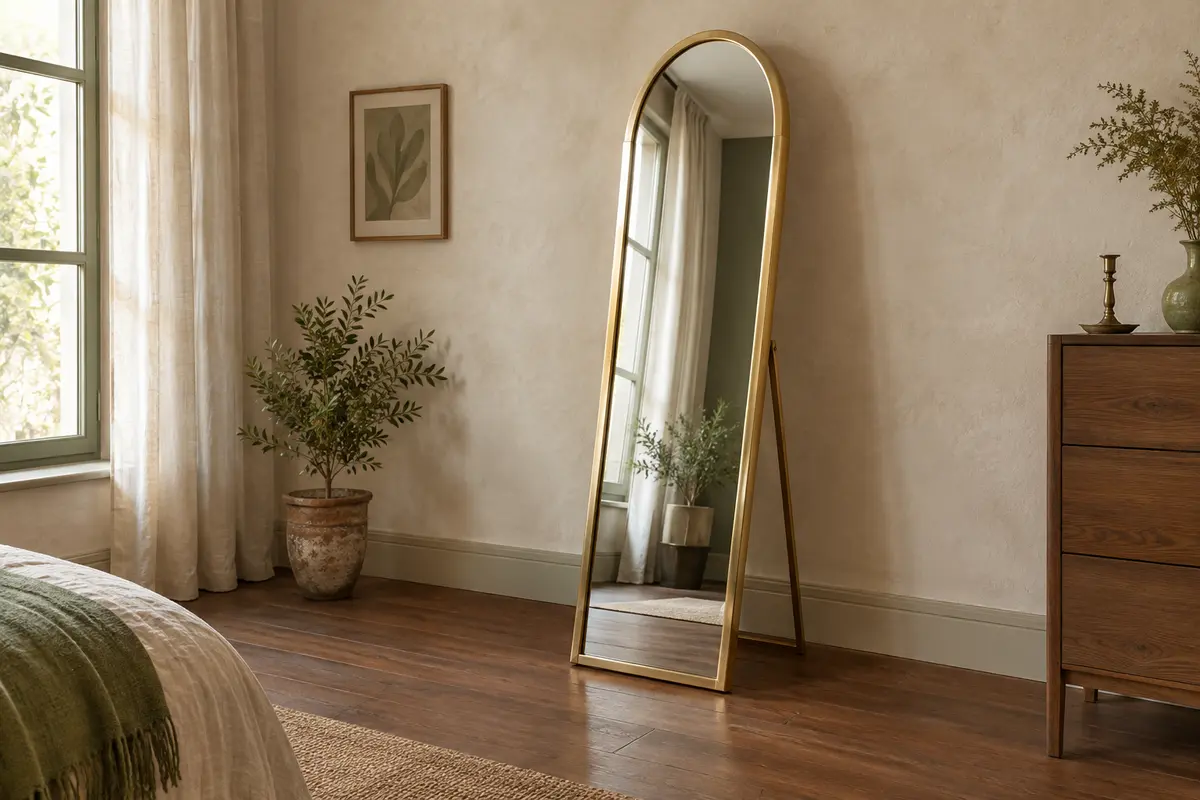 Miroir pleine hauteur en arche avec cadre doré, posé sur son support dans une chambre claire.