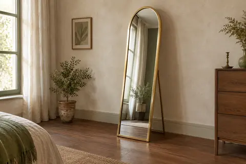 Miroir pleine hauteur en arche avec cadre doré, posé sur son support dans une chambre claire.