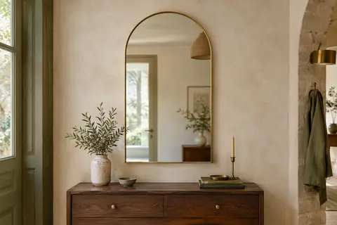 Miroir mural Dripex en arche, avec cadre doré, installé sur un mur crème au-dessus d’une console en bois.