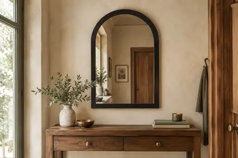 Miroir mural vertical en arche avec cadre noir épais, installé sur un mur clair dans une entrée chaleureuse.