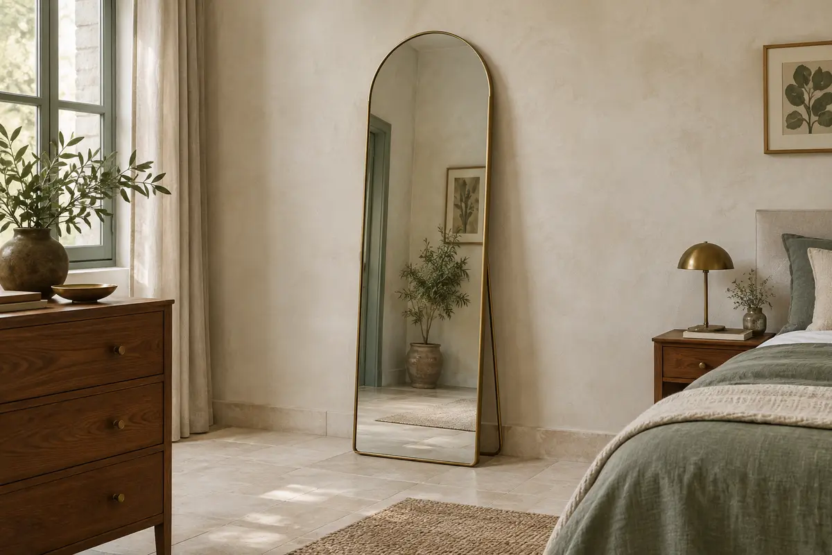 Miroir pleine hauteur en arche au cadre doré posé contre un mur clair dans une chambre.