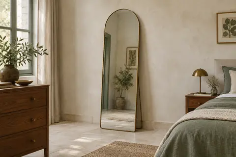 Miroir pleine hauteur en arche au cadre doré posé contre un mur clair dans une chambre.