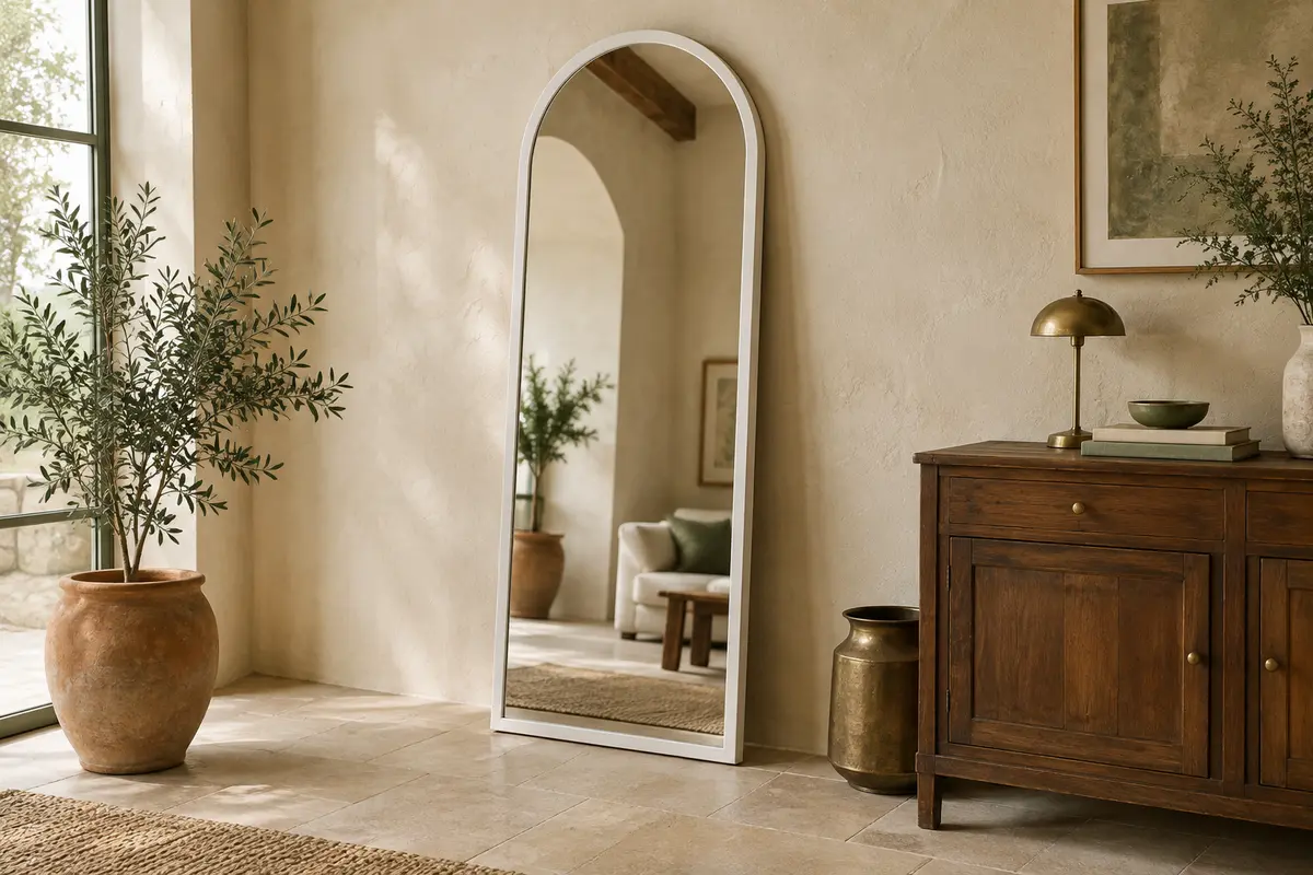 Miroir pleine hauteur en arche au cadre blanc, posé dans un intérieur lumineux aux tons crème et bois