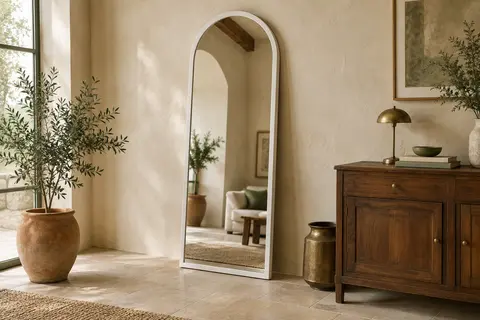 Miroir pleine hauteur en arche au cadre blanc, posé dans un intérieur lumineux aux tons crème et bois